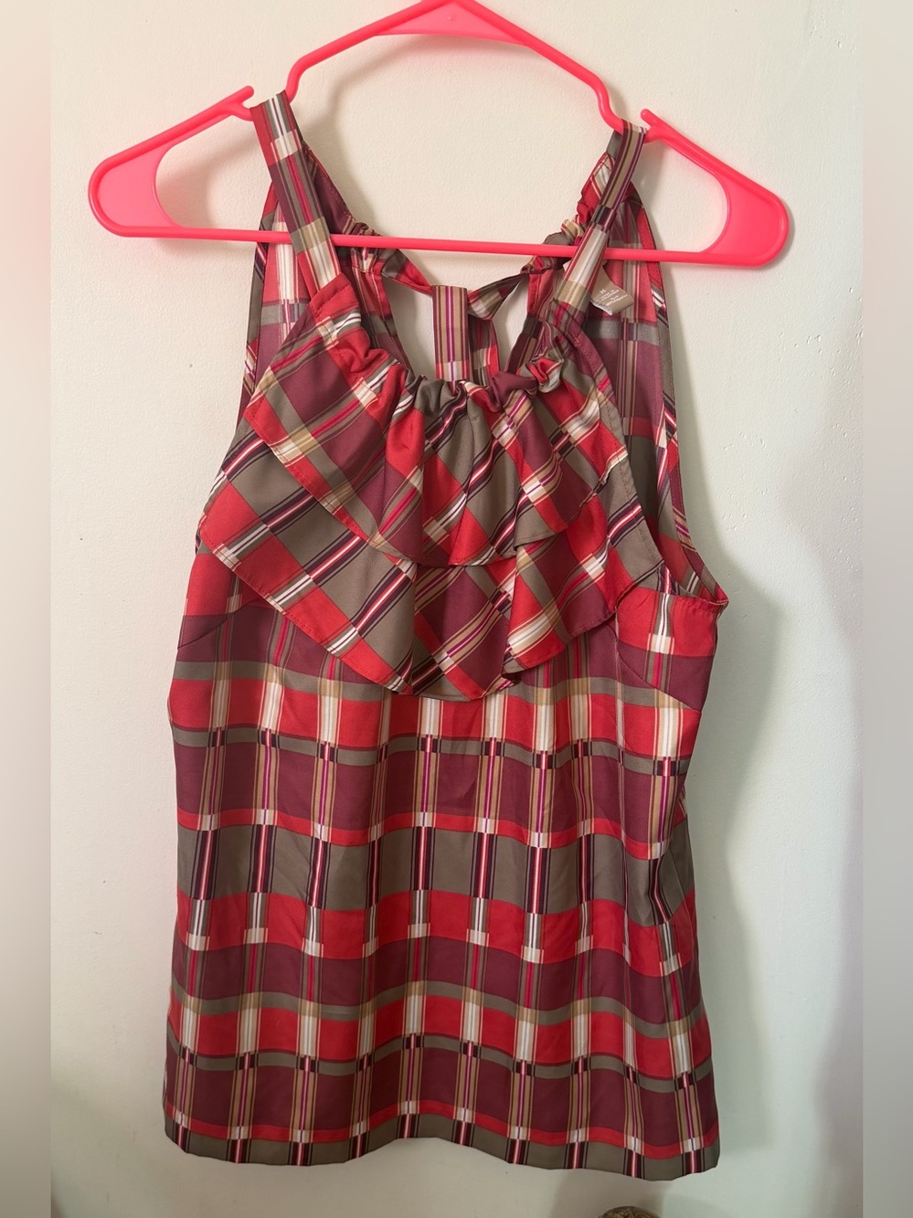 Banana Republic Red and Burgundy Plaid Ruffle Halter Camisole